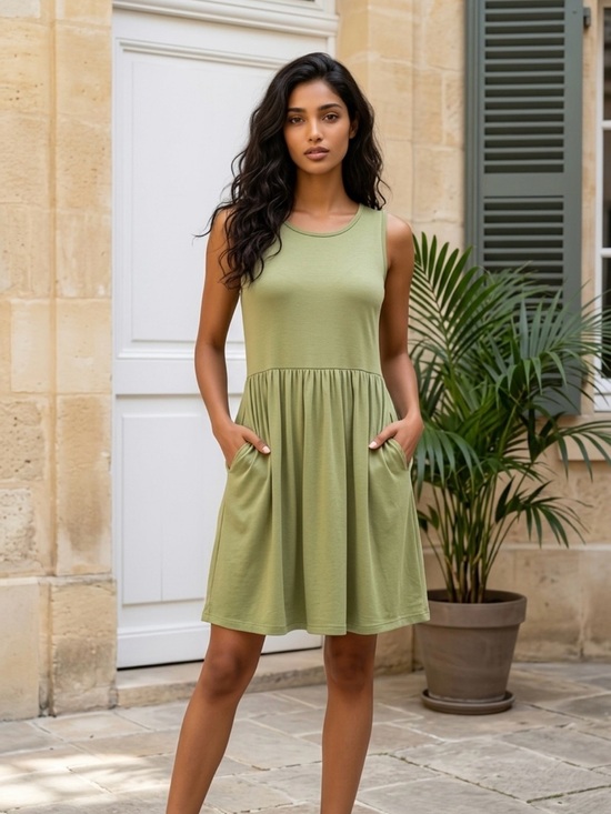 Himone Dresses & Skirts - Sleeveless Olive Green Midi Dress with Pockets